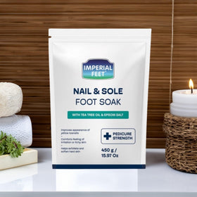 Imperial Feet pedicure tools beside soak showing complete foot care