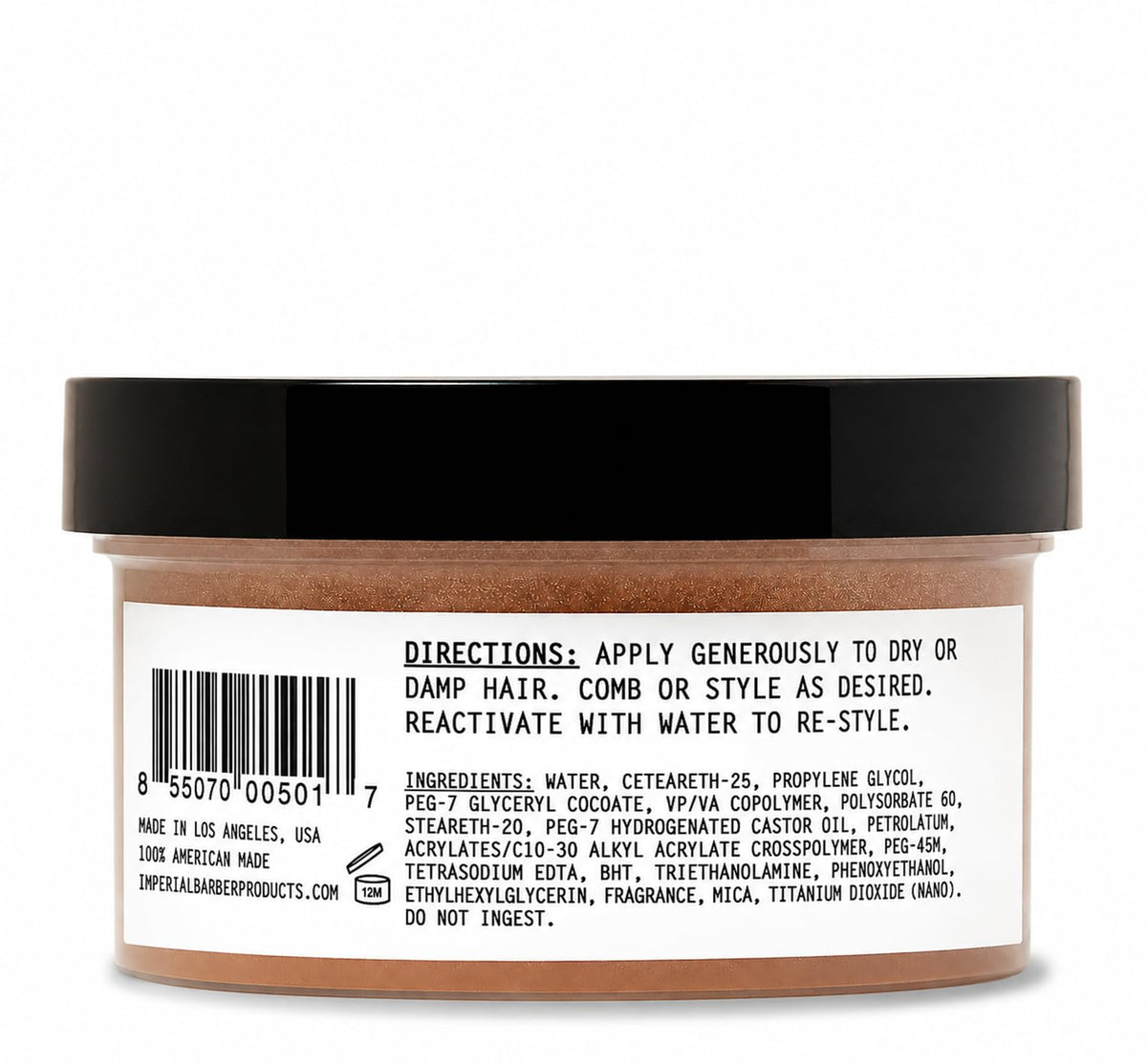 Imperial Barber Grade Products open jar with visible fibers, texture detail for styling control