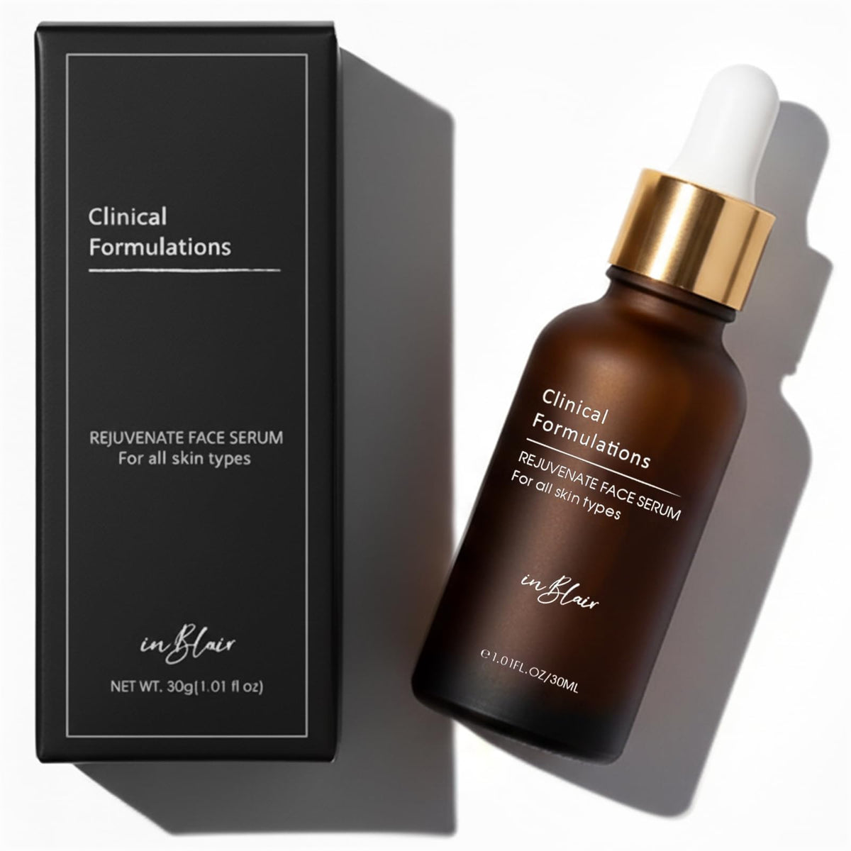 Inblair serum front packaging showing bottle and label for clear product ID and benefit