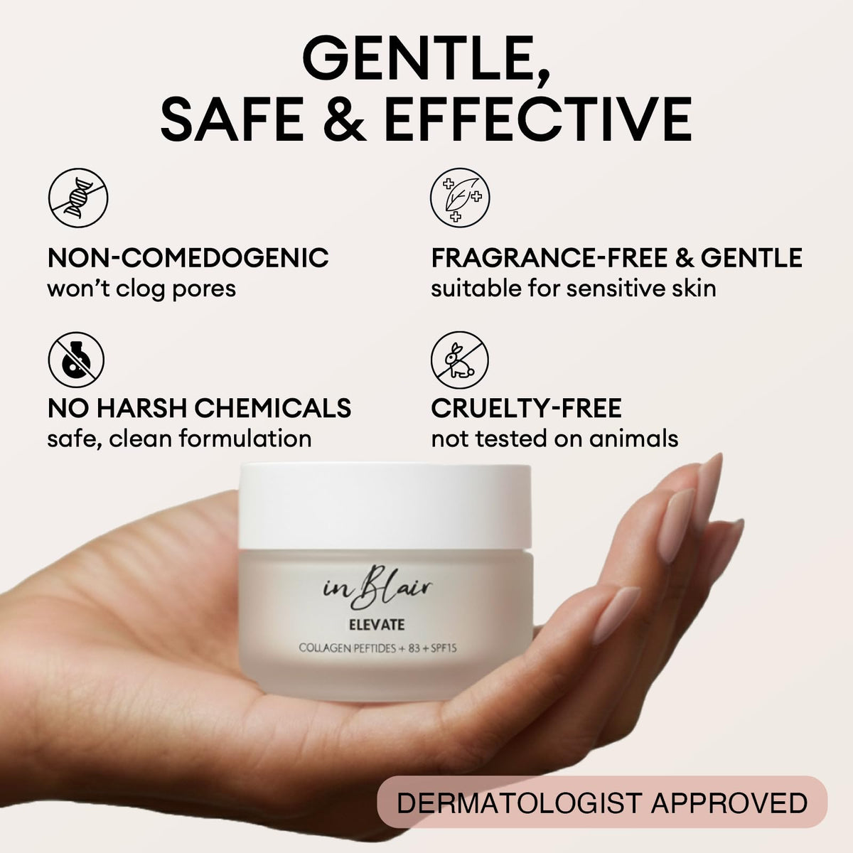 Inblair cream next to hand for size comparison, indicates portable convenience