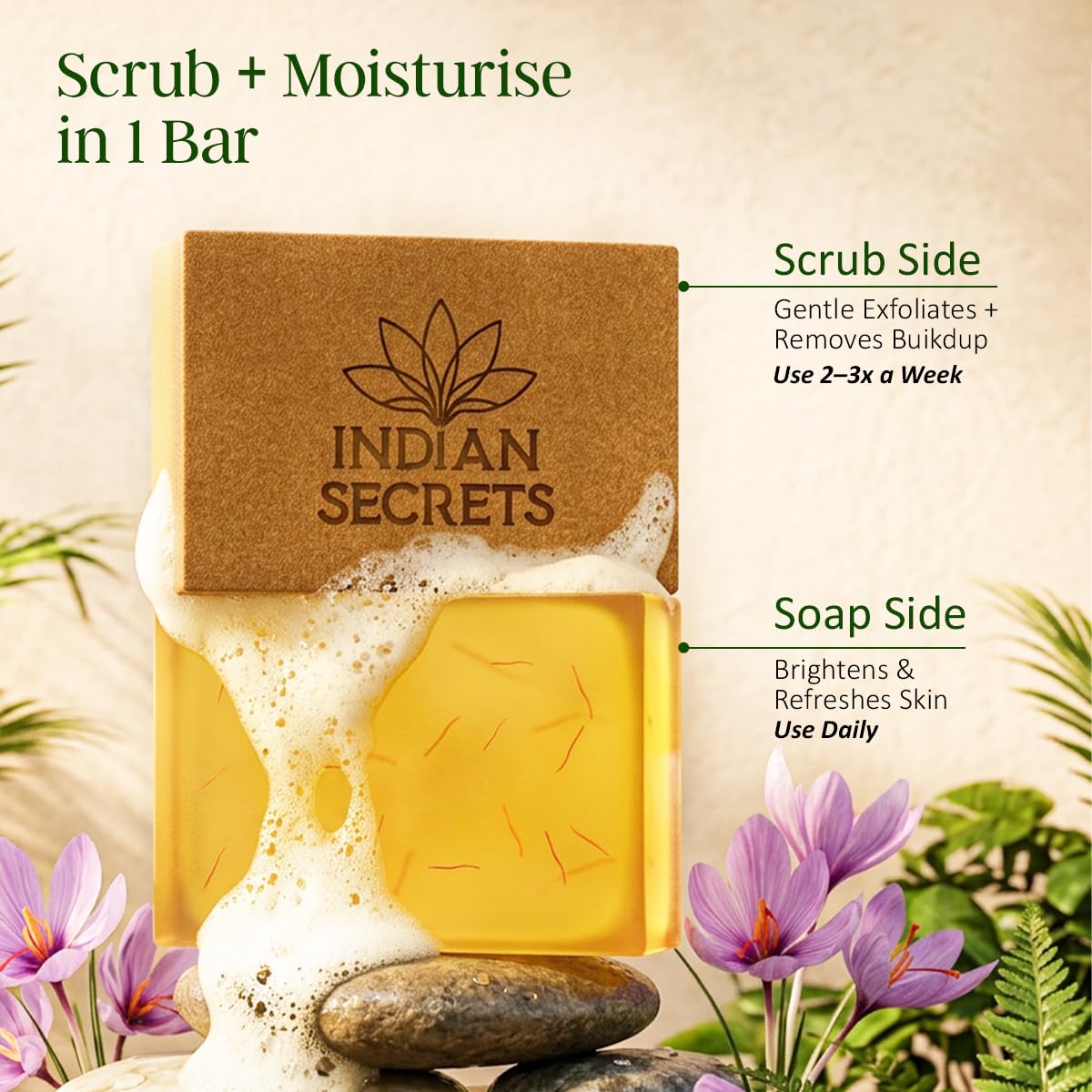 INDIAN SECRETS soap bar held in hand to show 110g scale and long-lasting value