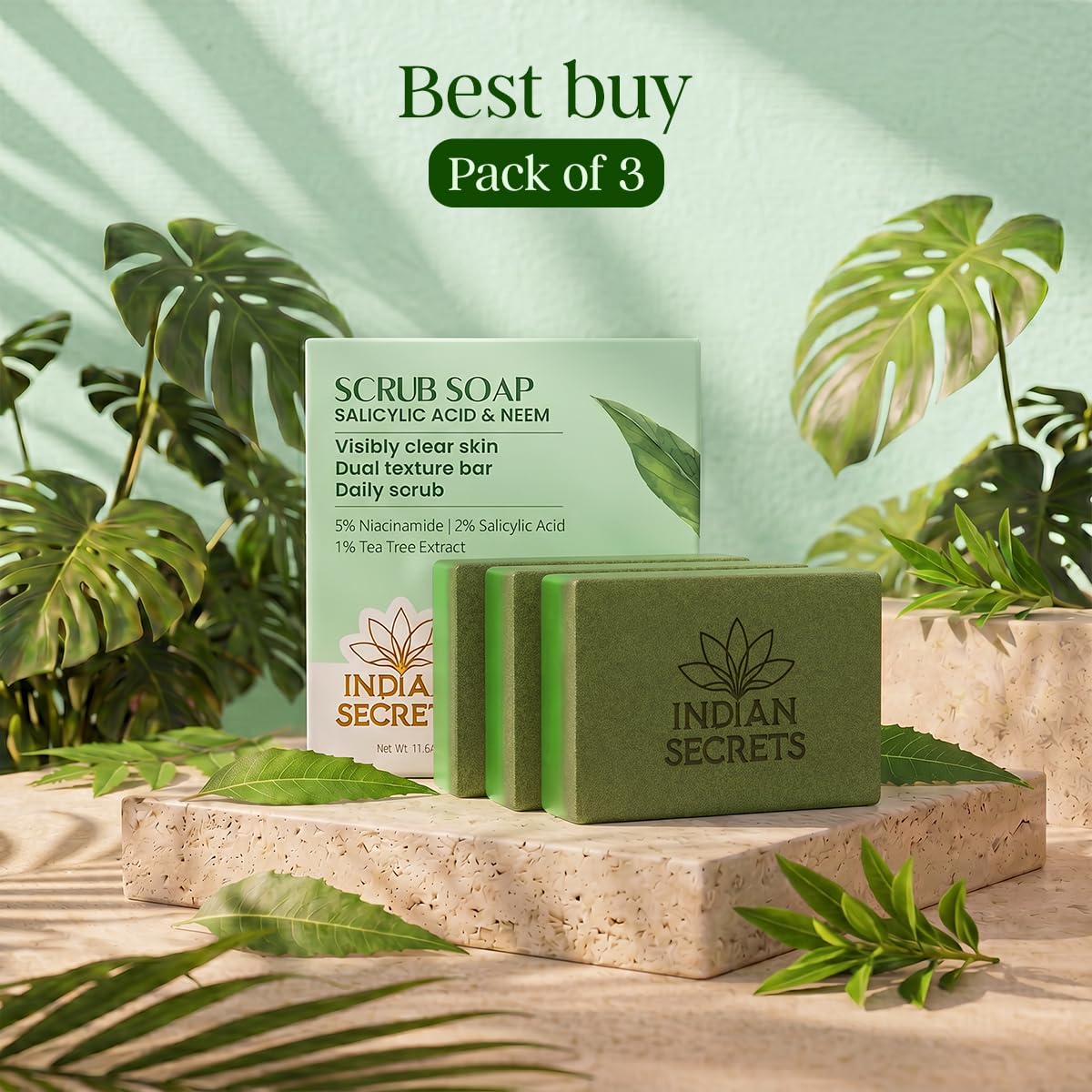 INDIAN SECRETS on bathroom shelf in lifestyle setting promoting daily use