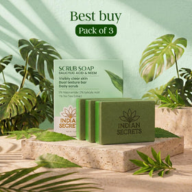 INDIAN SECRETS on bathroom shelf in lifestyle setting promoting daily use