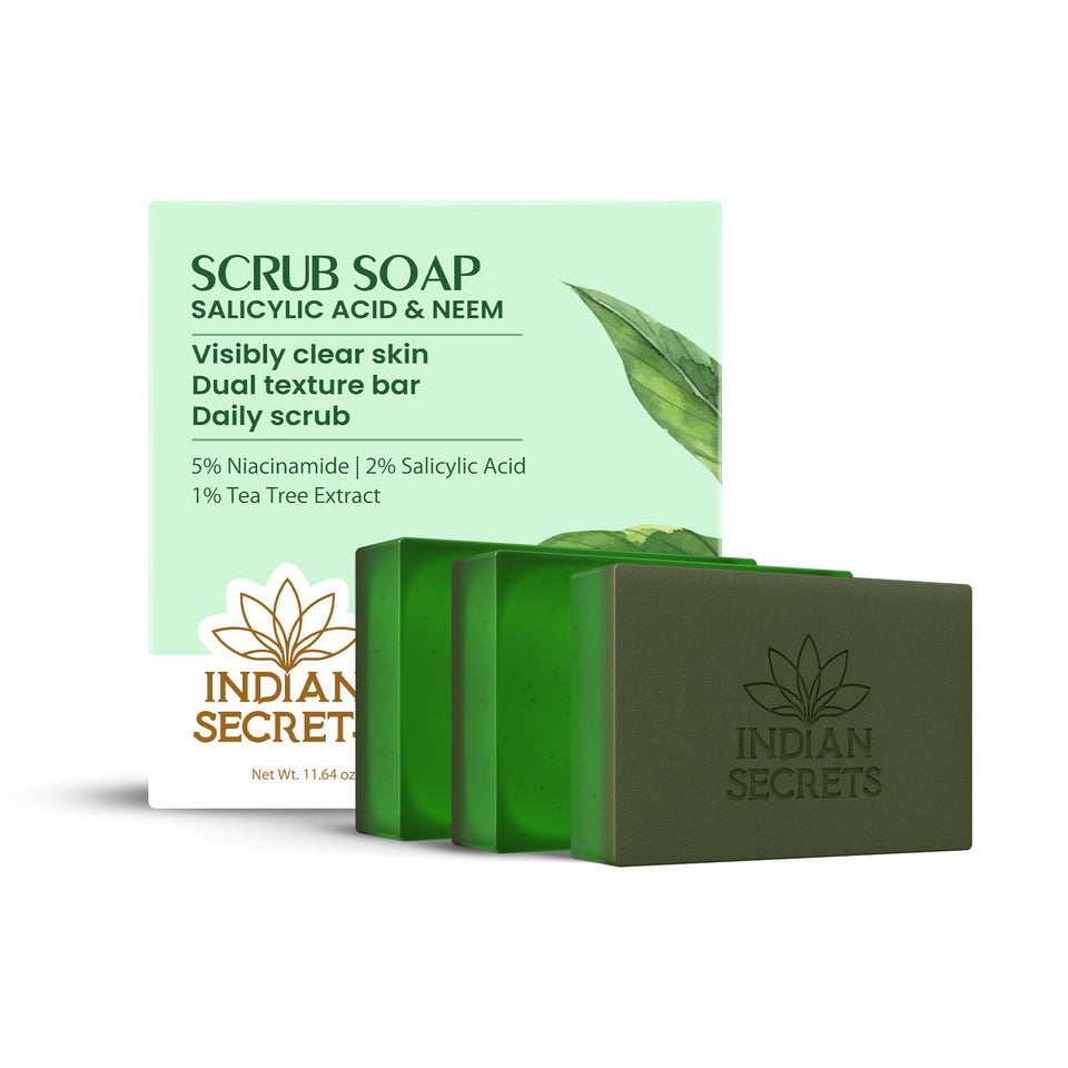 INDIAN SECRETS front packaging showing three exfoliating bars and benefits