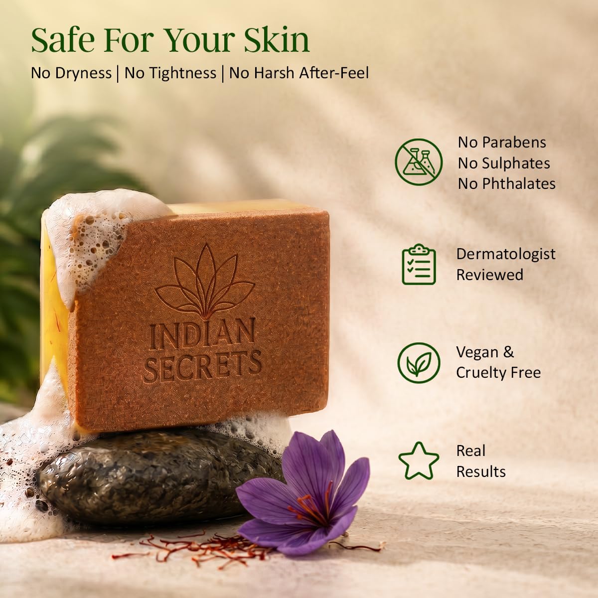INDIAN SECRETS saffron and turmeric arrangement, emphasizes botanical antioxidant support