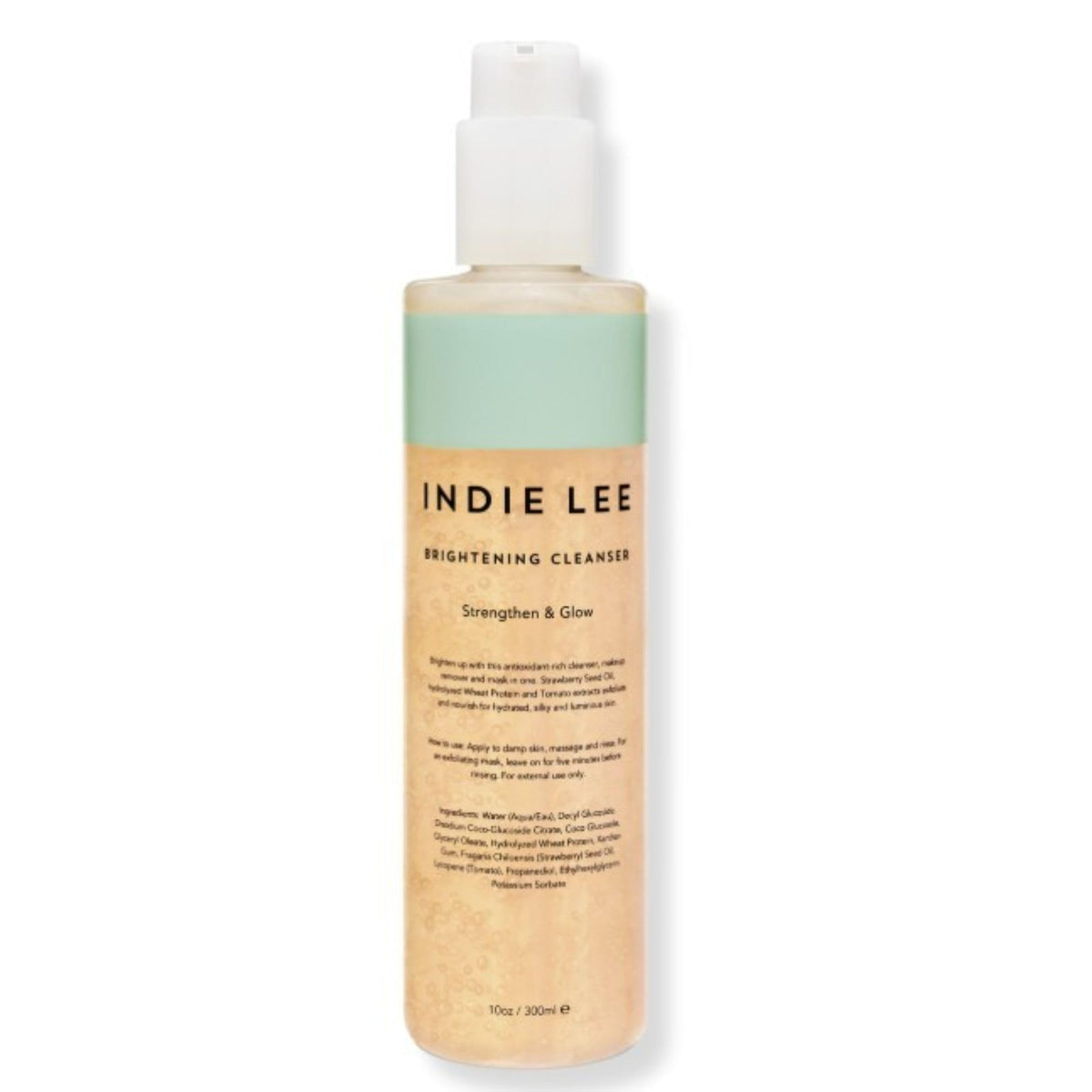 Indie Lee bottle front view showing brightening cleanser and packaging benefits