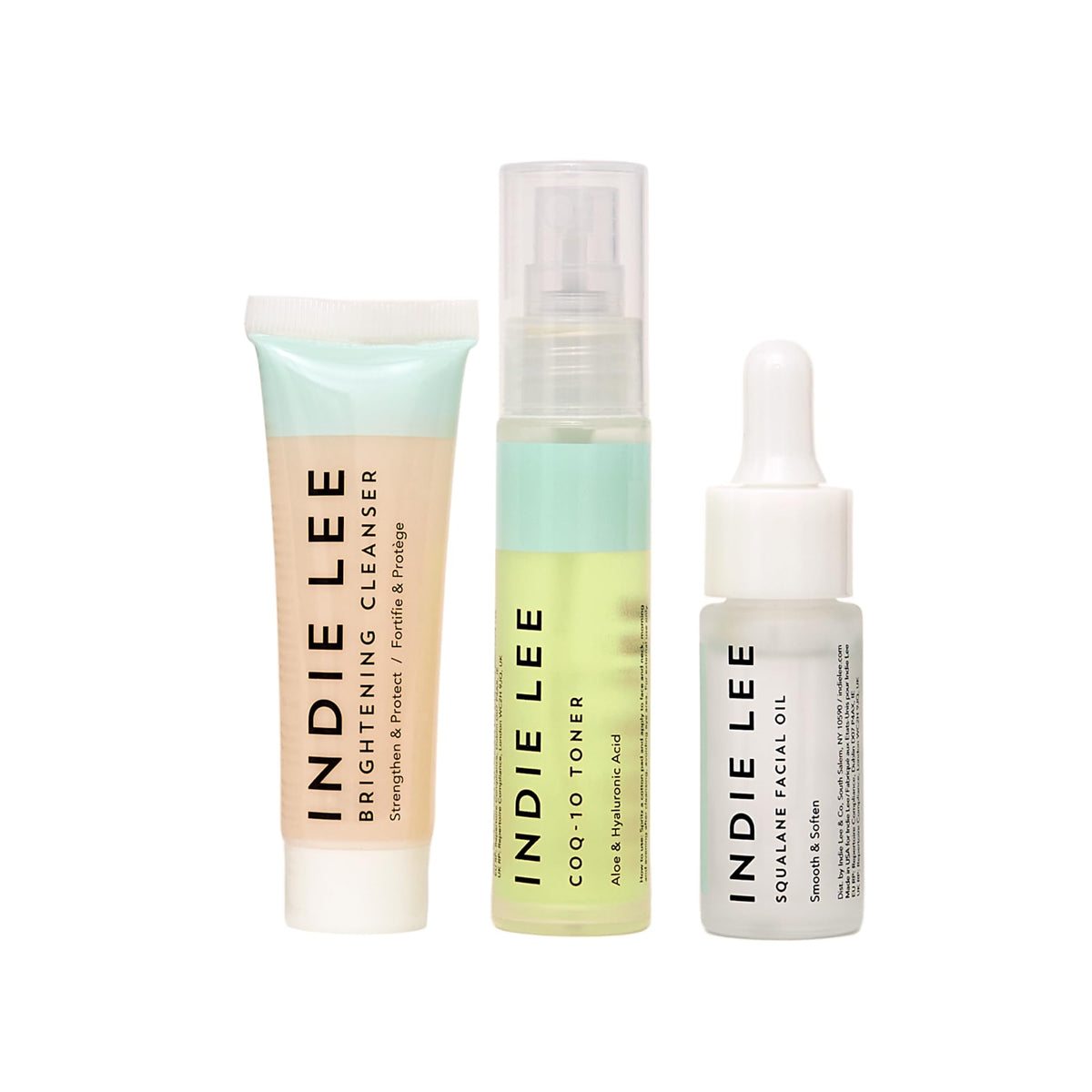Indie Lee front packaging of the three-piece discovery kit showing travel bottles for easy routine