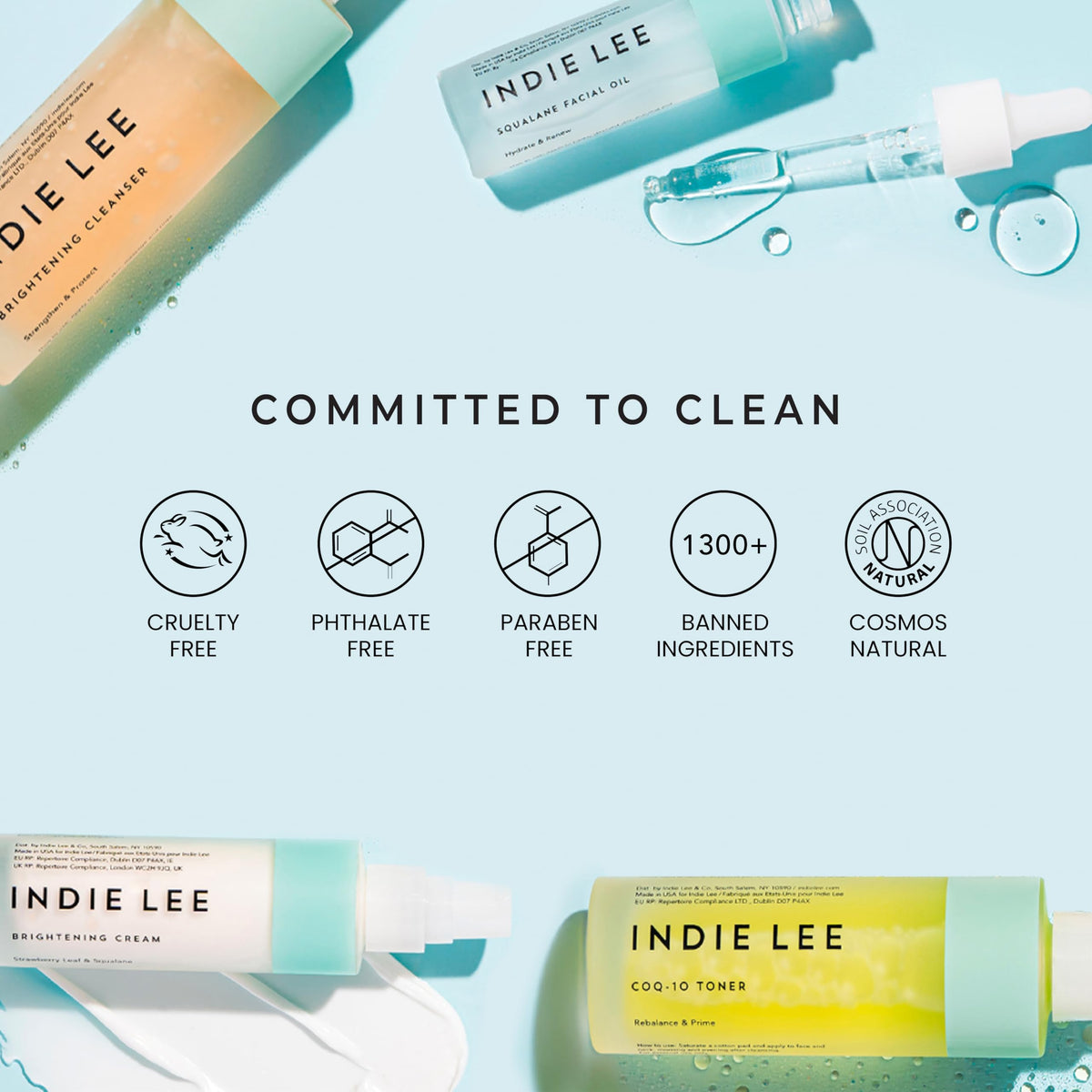 Indie Lee bottle and box flatlay showcasing minimalist, clean packaging