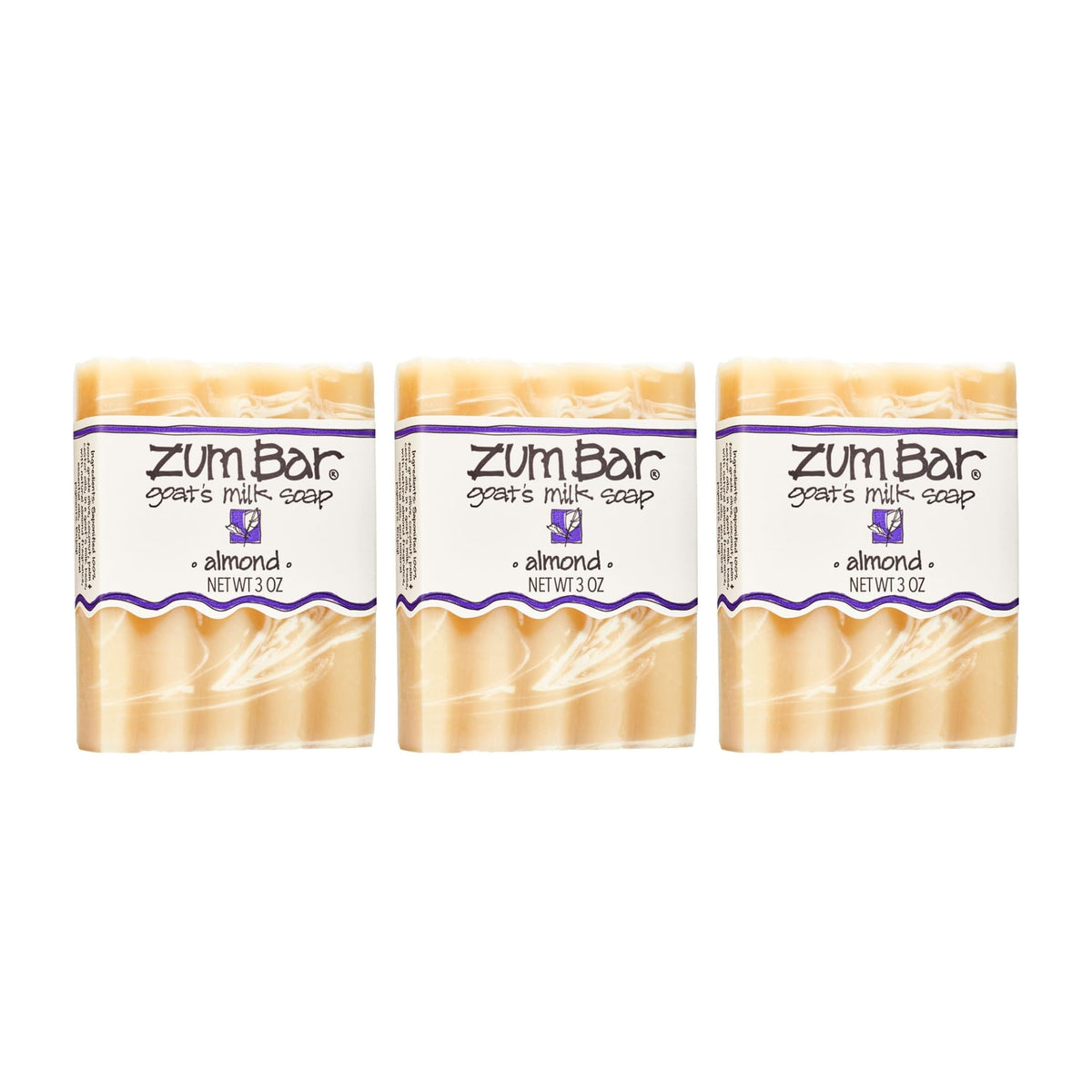 Indigo Wild Zum almond front packaging showing three bars and branding, clear product benefit