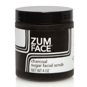 Indigo Wild Zum Face front jar showing charcoal sugar scrub and packaging benefit: easy identification