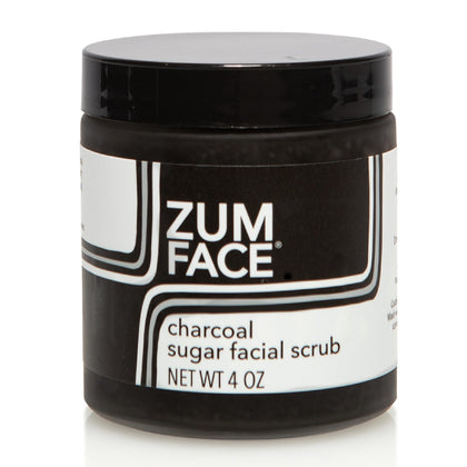 Indigo Wild Zum Face front jar showing charcoal sugar scrub and packaging benefit: easy identification