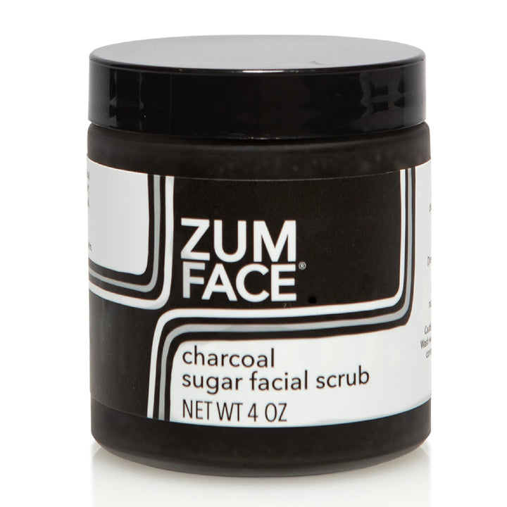 Indigo Wild Zum Face front jar showing charcoal sugar scrub and packaging benefit: easy identification