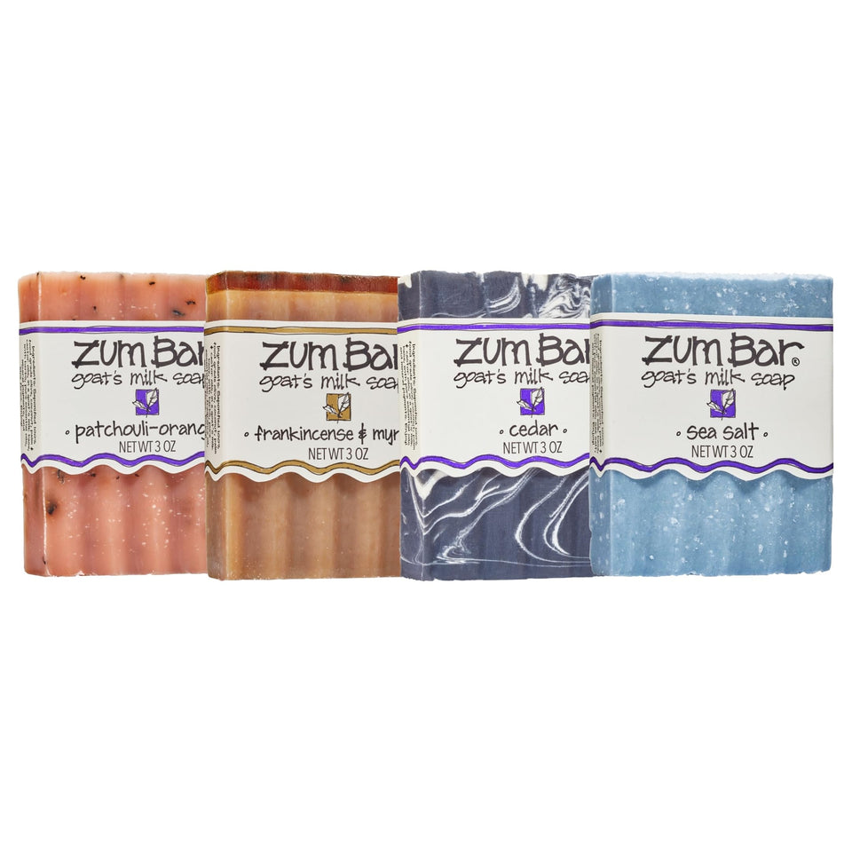 Indigo Wild Zum front packaging showing four Earth & Sea soap bars for variety