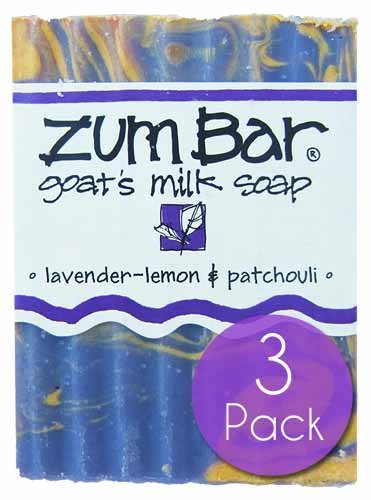 Indigo Wild Zum goat's milk soap front packaging showing three 3 oz bars, highlighting moisturizing benefits