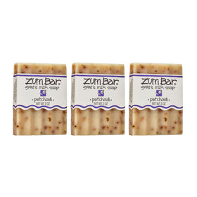 Indigo Wild Zum patchouli front packaging showing three bars and natural branding benefits