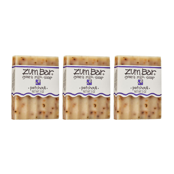 Indigo Wild Zum patchouli front packaging showing three bars and natural branding benefits