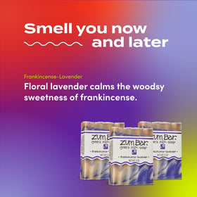 Side label of Zum soap listing oils and goat milk, highlighting ingredient transparency benefit