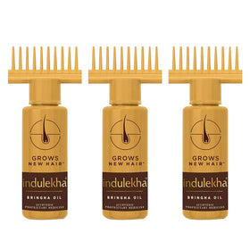 INDULEKHA front packaging showing three 100ml bottles and benefits