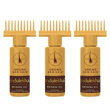 INDULEKHA front packaging showing three 100ml bottles and benefits