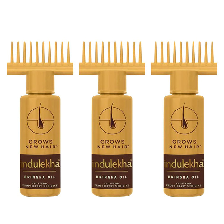 INDULEKHA front packaging showing three 100ml bottles and benefits