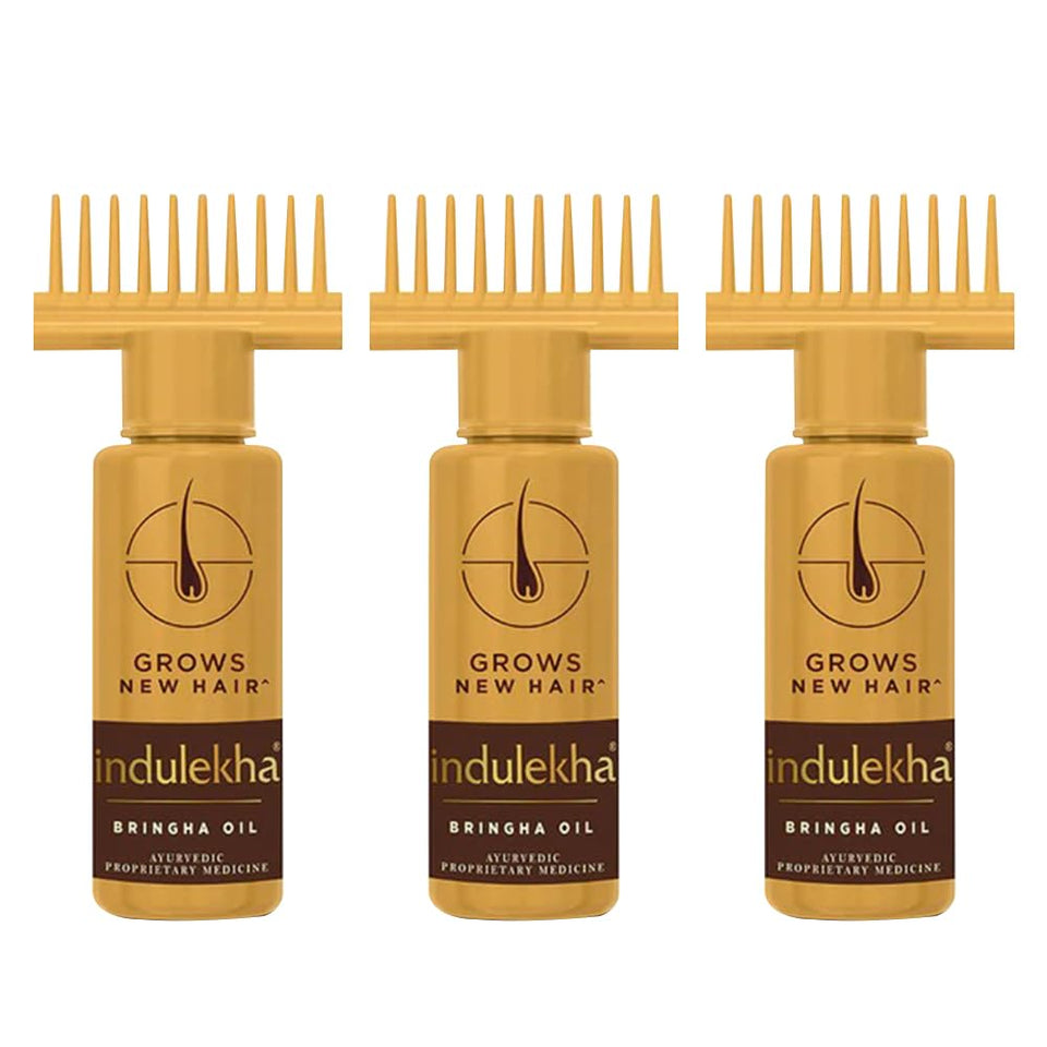 INDULEKHA front packaging showing three 100ml bottles and benefits