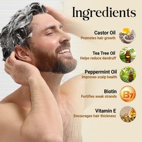 INFINA ESSENTIALS batana oil ingredient bottle beside shampoo to show nourishing source benefit