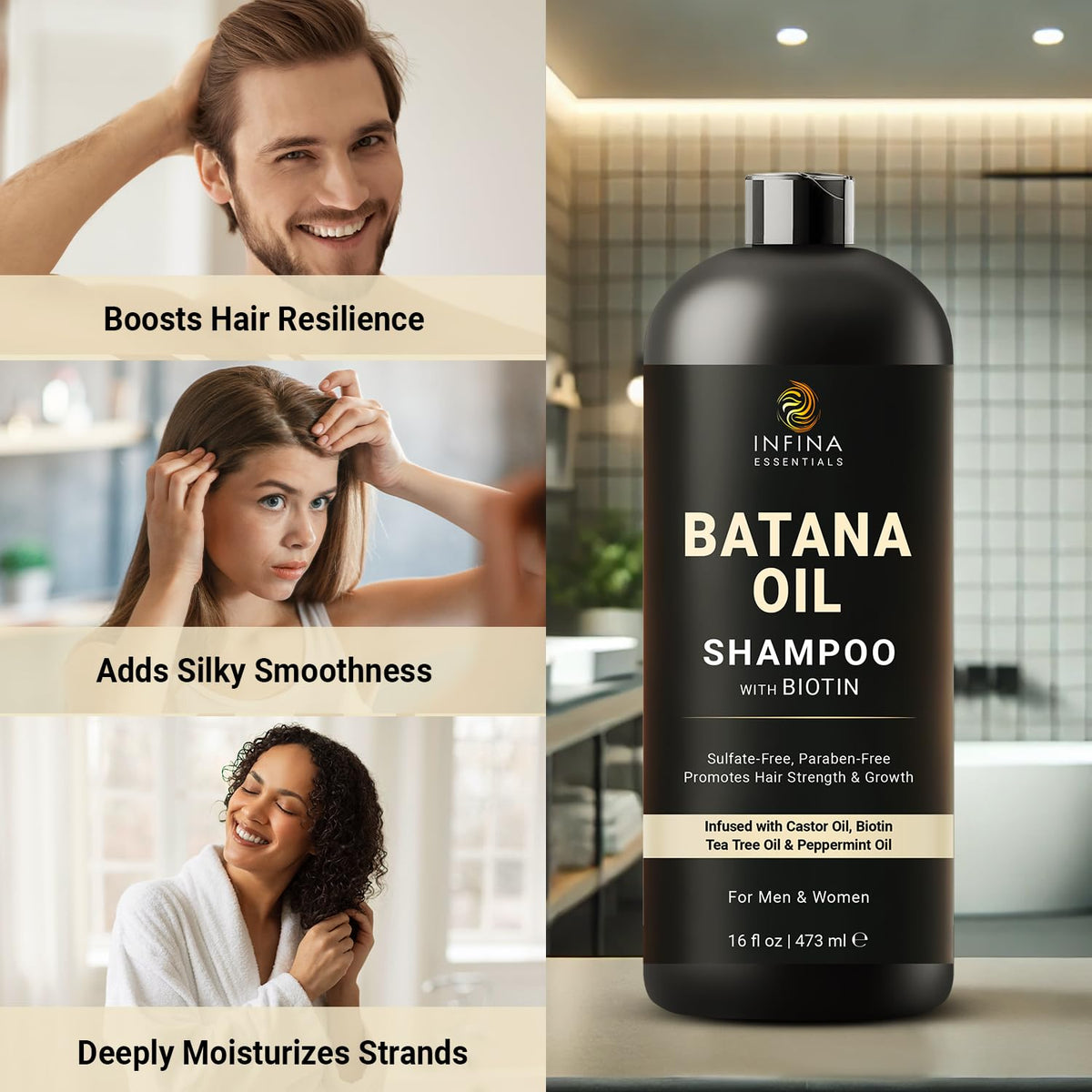 INFINA ESSENTIALS rich foam on hair showing creamy texture for gentle cleansing benefit