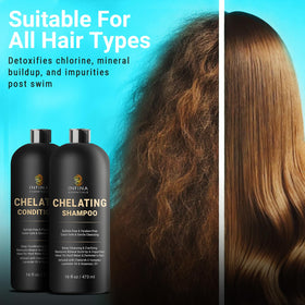 INFINA ESSENTIALS before and after swimmer hair showing reduced green tint