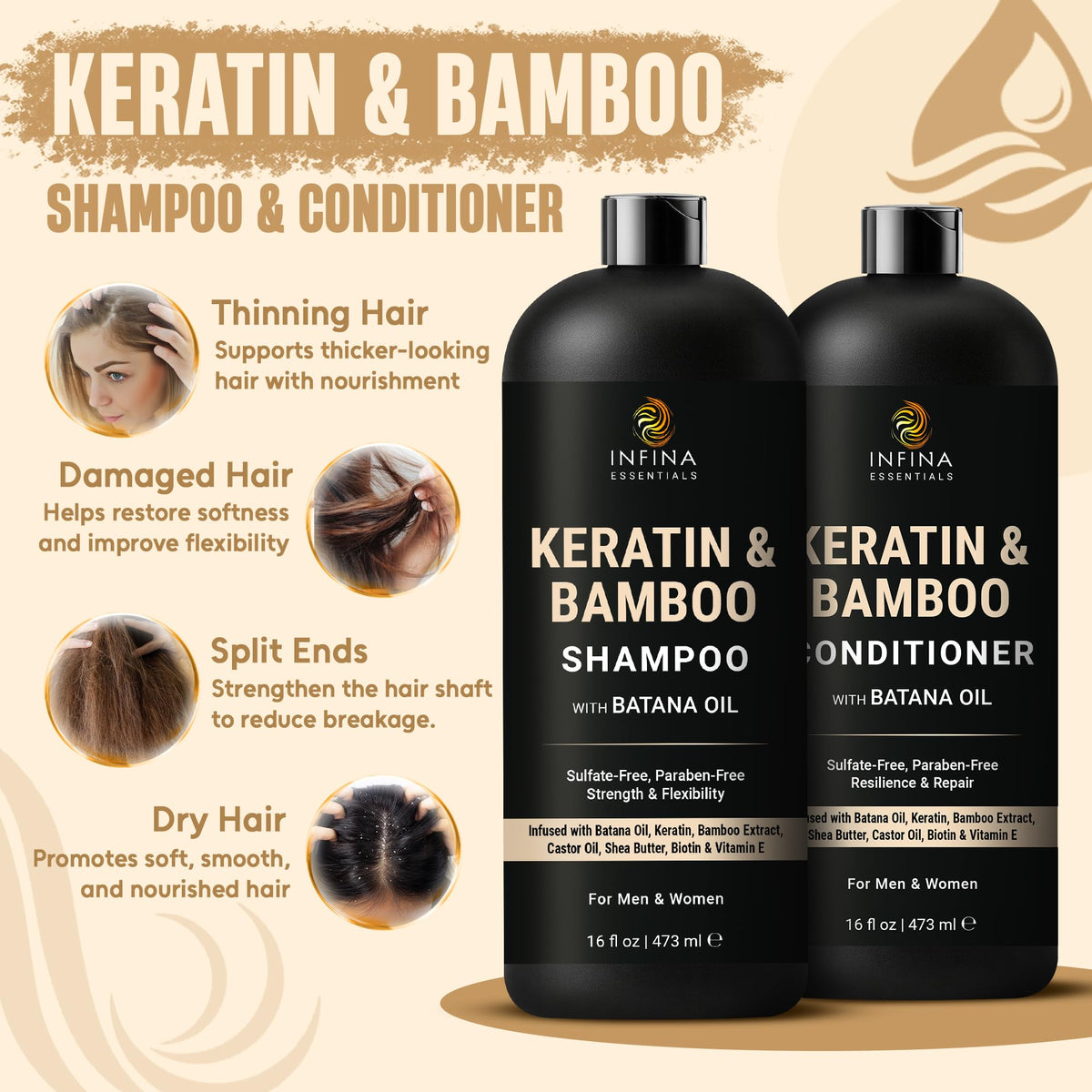 INFINA ESSENTIALS bottle label detail highlighting keratin and batana oil