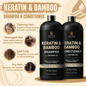 INFINA ESSENTIALS bottle label detail highlighting keratin and batana oil