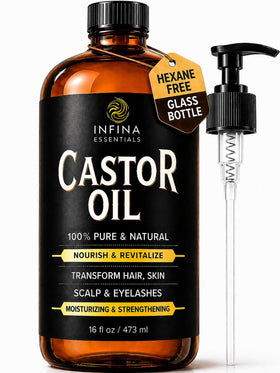 INFINA ESSENTIALS front bottle view showing label and amber glass protecting oil