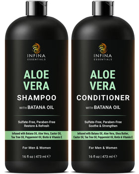 INFINA ESSENTIALS front packaging showing aloe and batana benefits