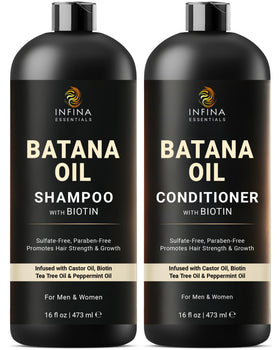 INFINA ESSENTIALS front packaging showing the Batana oil duo and benefits