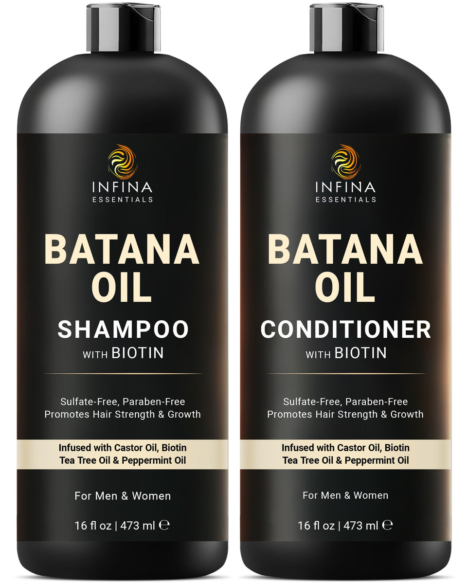 INFINA ESSENTIALS front packaging showing the Batana oil duo and benefits