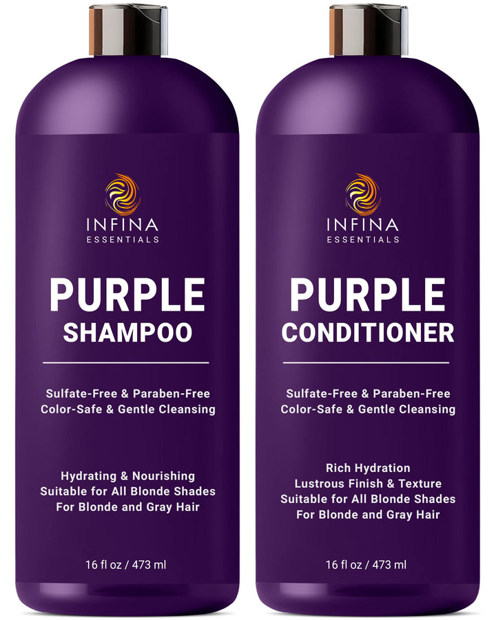 INFINA ESSENTIALS front packaging showing the purple shampoo and conditioner for toning