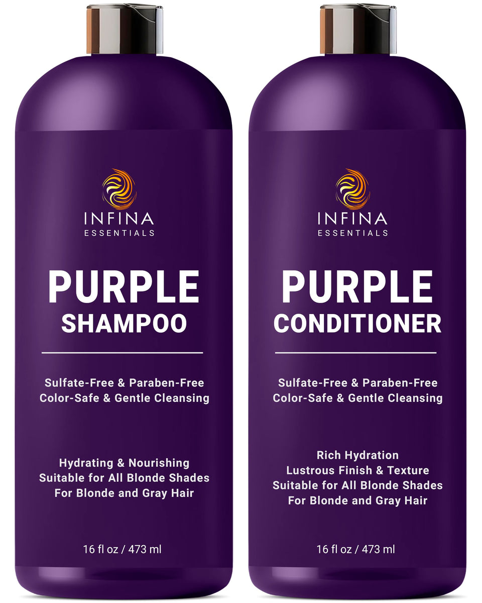 INFINA ESSENTIALS front packaging showing the purple shampoo and conditioner for toning