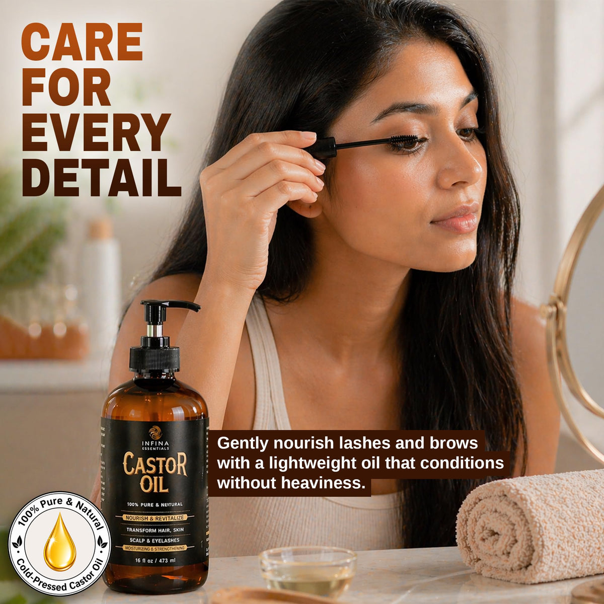INFINA ESSENTIALS hair application scene showing scalp nourishment benefit