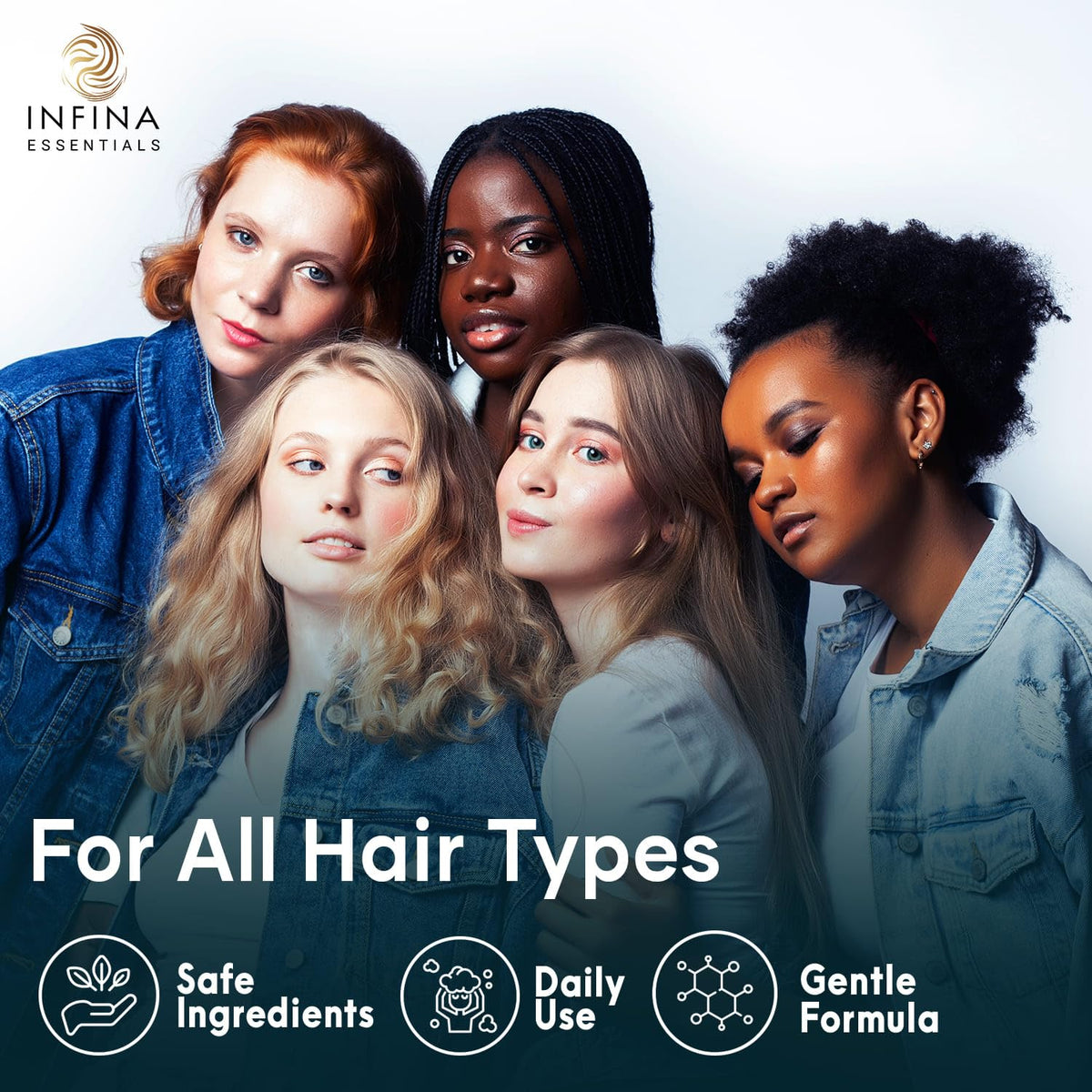 INFINA ESSENTIALS in-shower application on hair demonstrating easy rinse