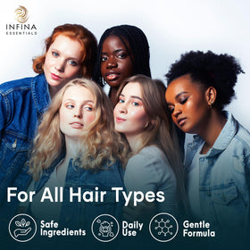 INFINA ESSENTIALS in-shower application on hair demonstrating easy rinse
