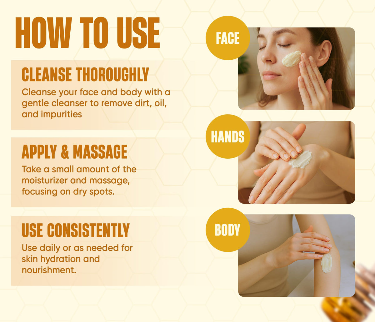 INFINA ESSENTIALS ingredient laydown with honey, olive oil, and beeswax for natural formulation benefit