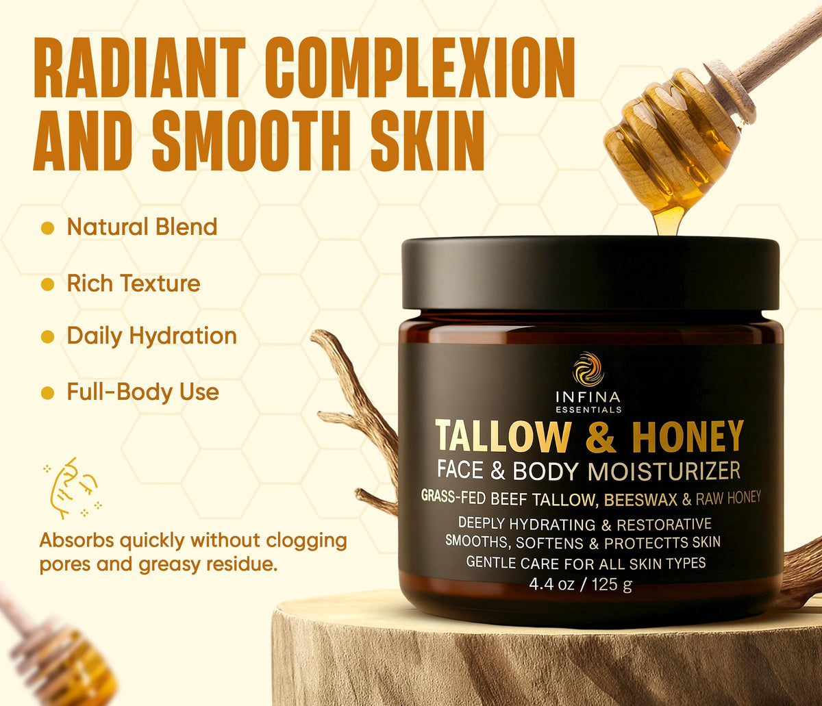 INFINA ESSENTIALS open jar top view revealing pale cream balm for easy scooping