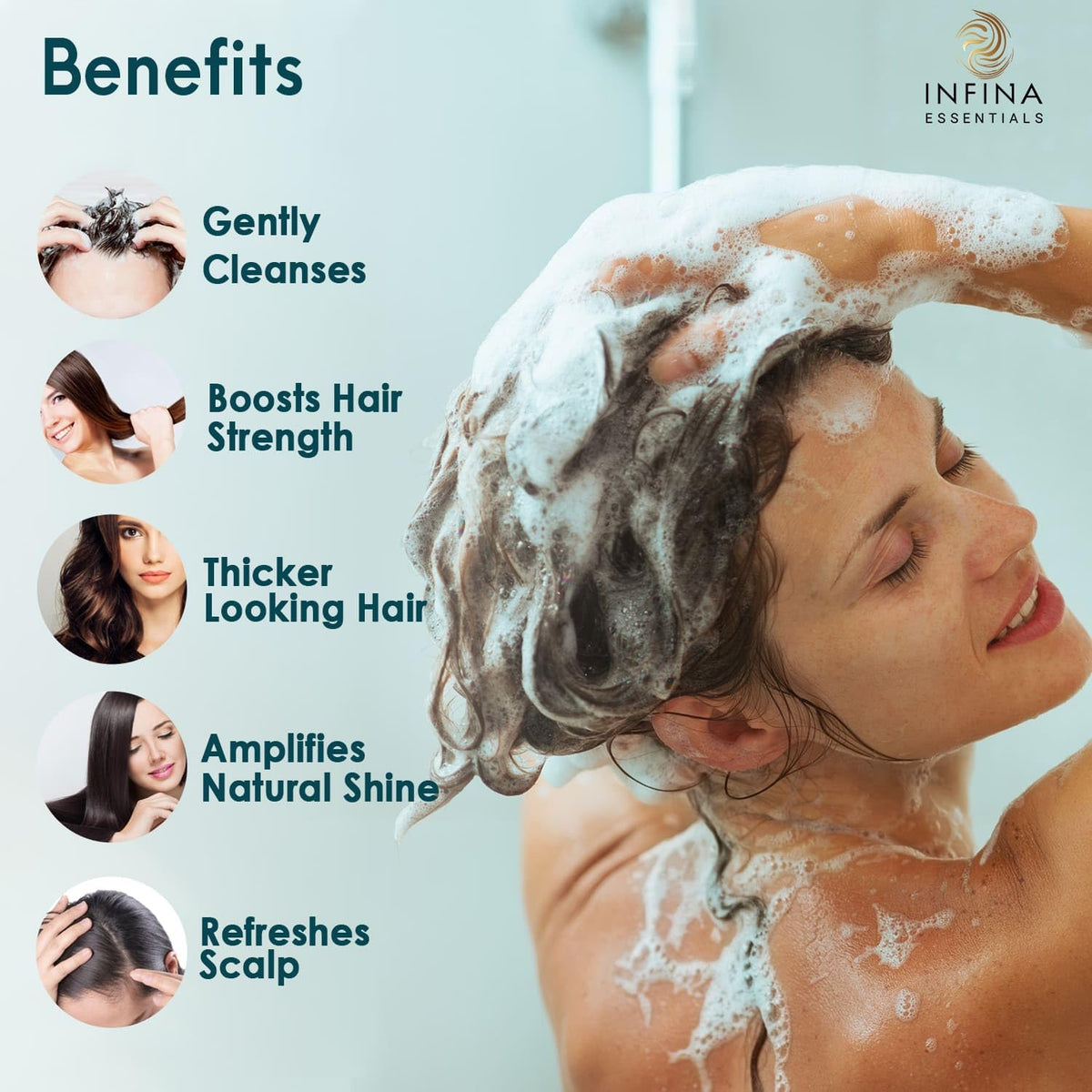 INFINA ESSENTIALS dispensing product into hand for quick use