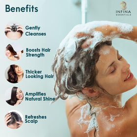 INFINA ESSENTIALS dispensing product into hand for quick use