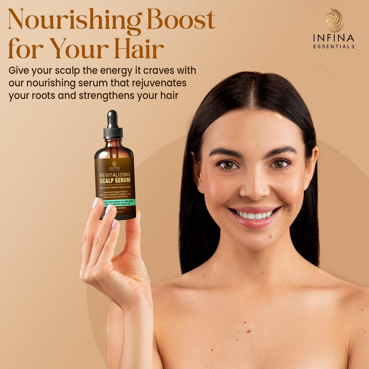 INFINA ESSENTIALS applied and massaged into scalp illustrating easy use and stimulation
