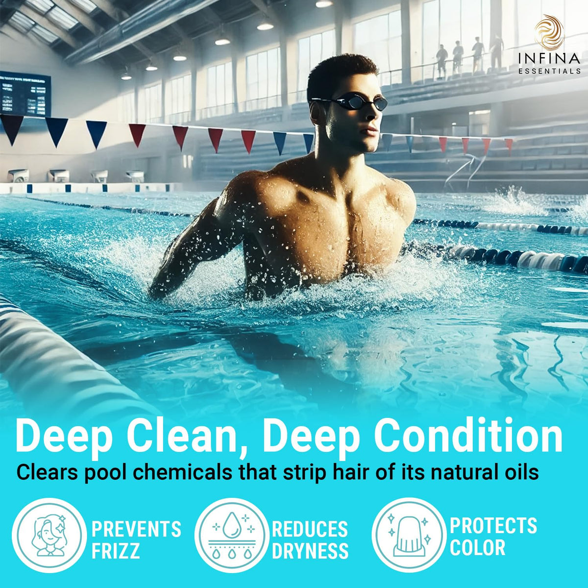 INFINA ESSENTIALS shampoo pouring into hand for effective mineral removal