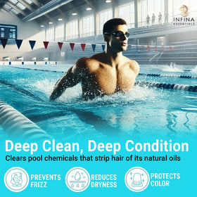 INFINA ESSENTIALS shampoo pouring into hand for effective mineral removal