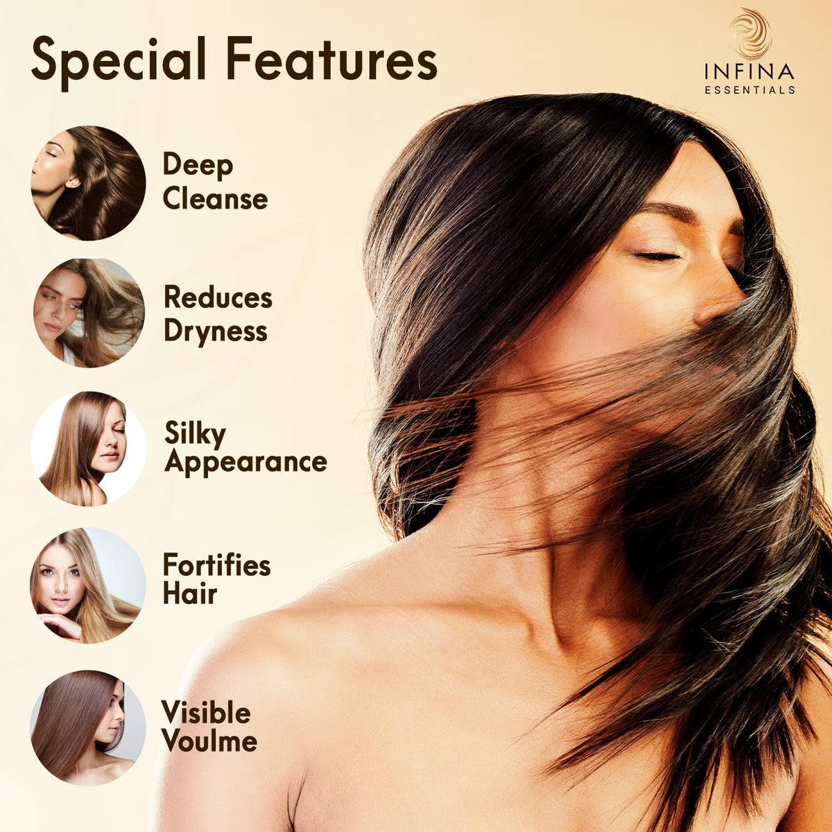 INFINA ESSENTIALS shampoo texture on palm showing gentle lather and nourishment