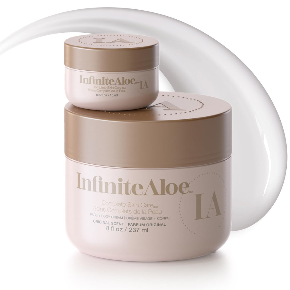InfiniteAloe front jar showing product packaging and moisturizing benefit