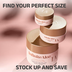 InfiniteAloe jars styled on bathroom shelf suggesting everyday routine convenience