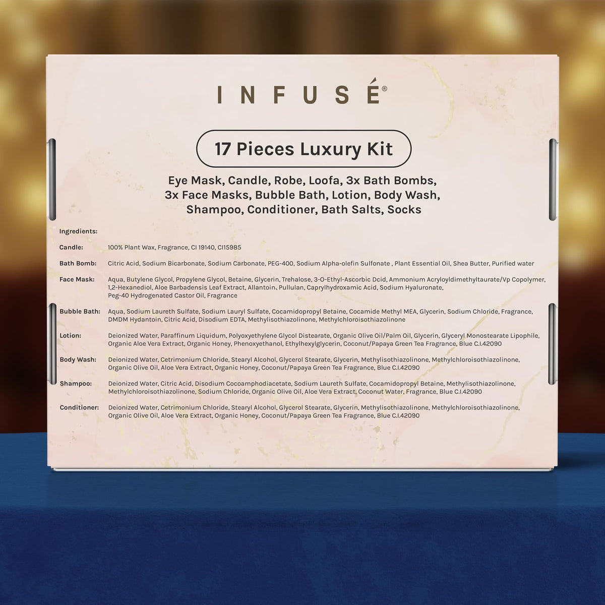 INFUSÉ elegant gift box open revealing curated spa items and presentation